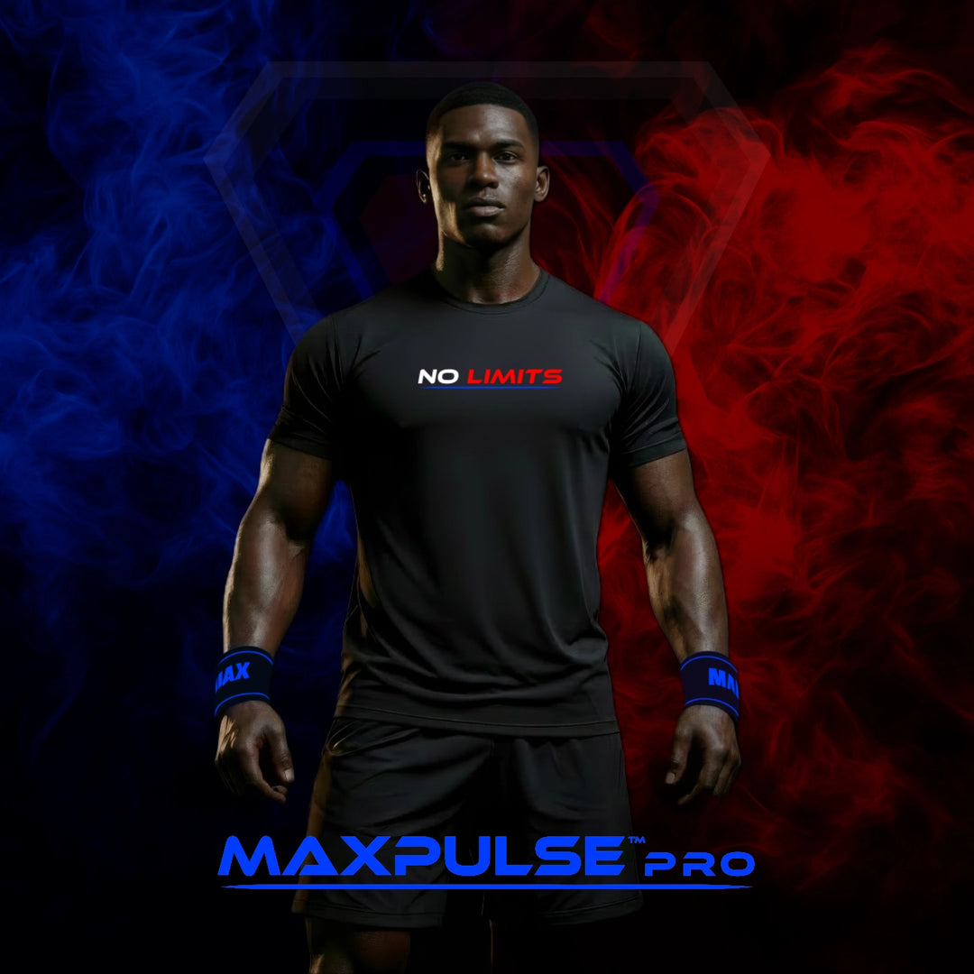 MAXPULSE™ PRO collection card featuring a male fitness model wearing a black tee with “NO LIMITS” text, blue and red smoke background, and blue MAX wrist wraps for elite performance.